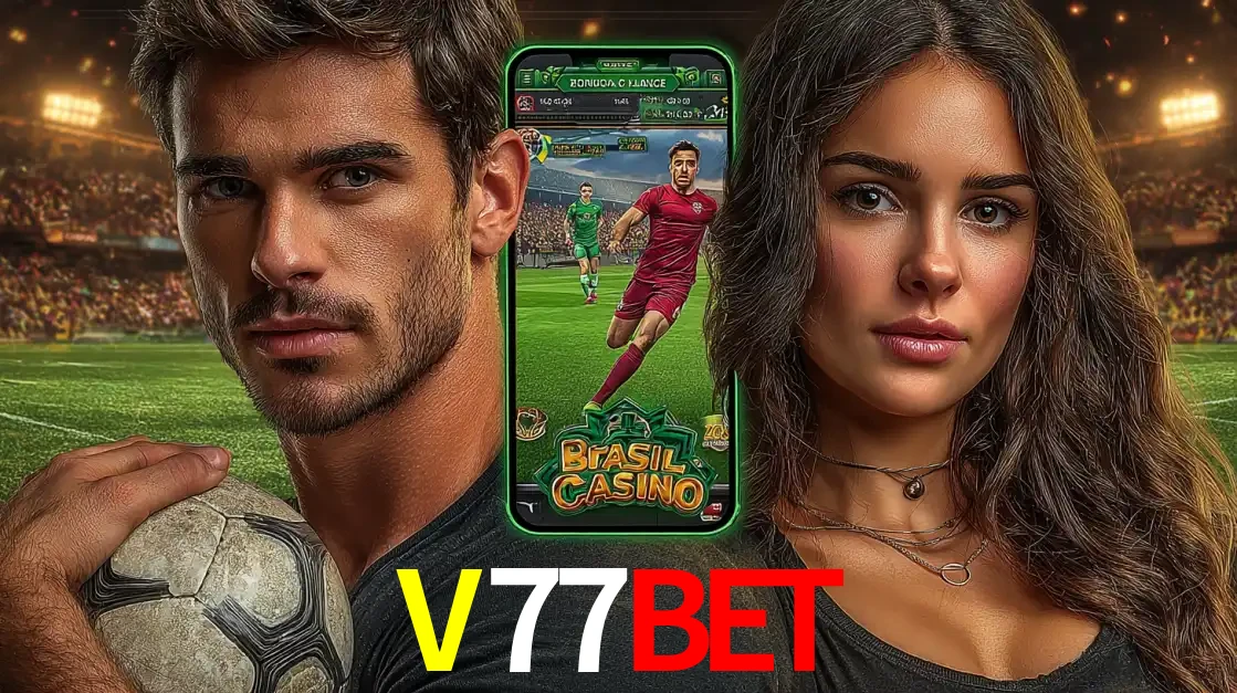 Homem segurando uma bola de futebol e uma mulher ao lado de um smartphone exibindo o jogo de apostas esportivas da V77BET. Faça seu palpite no cassino online.